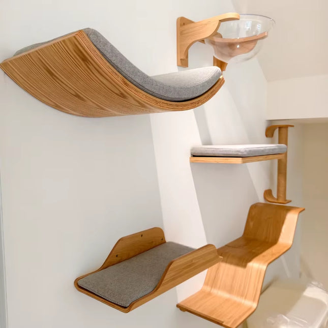 Wall-Mounted Cat Hammock Cradle Cat Climbing Frame Floating Shelf Solid Wood Cats Scratch Posts for Sleeping and Playing Toy