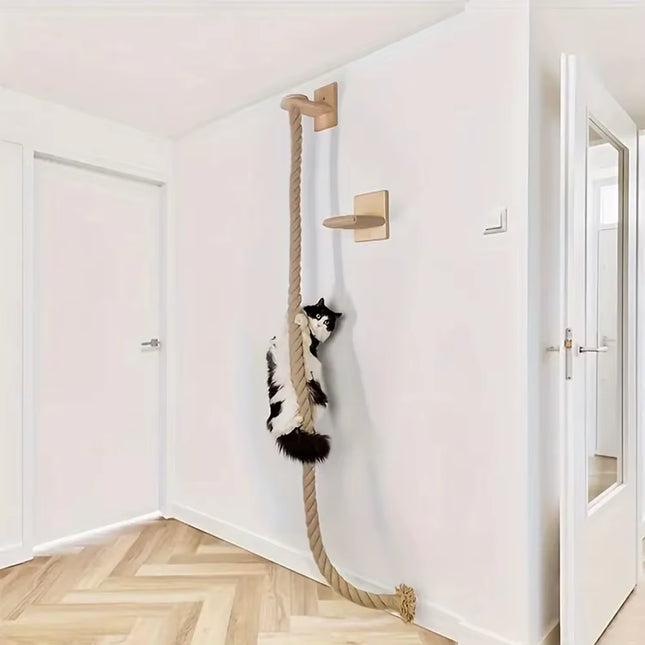 1 Piece Wall-Mounted Cat Climbing Rope Solid Wooden Pedals and Sisal Rope Kitten Training Claw Grinding Indoor Cat Furniture