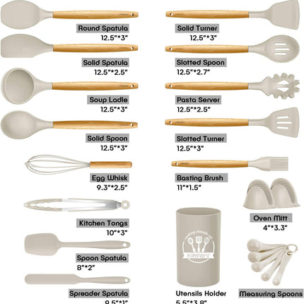 Silicone Cooking Utensils Kitchen Utensil Set, 21 PCS Wooden Handle Nontoxic BPA Free Silicone Spoon Spatula Turner Tongs Kitchen Gadgets Utensil Set for Nonstick Cookware with Holder (Khaki)