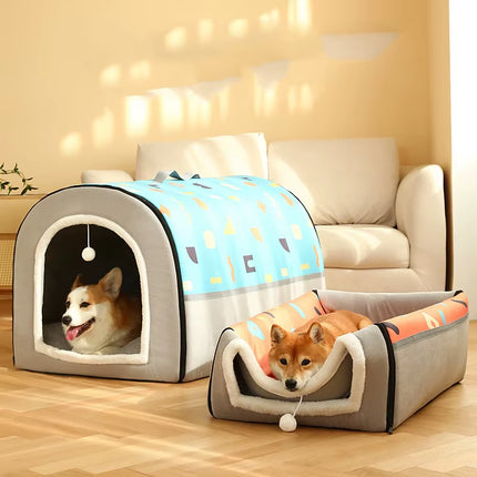 Dog Cave 2 in 1 Detachable Covered Cat Bed with Ball Pendant Cat Hideaway House, Warm Washable Cozy Dog Beds for Large Dogs