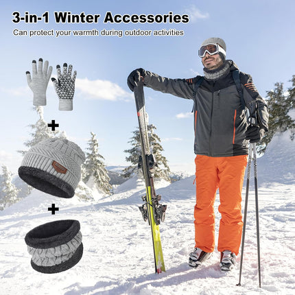 Cozy Up This Winter with Our Thick Warm Slouchy Beanie Hat, Scarf, and Gloves Set in Light Grey - Perfect for Men and Women!
