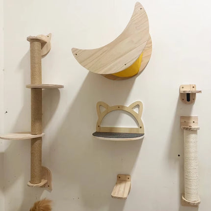 Wall-Mounted Cat Hammock Cradle Cat Climbing Frame Floating Shelf Solid Wood Cats Scratch Posts for Sleeping and Playing Toy