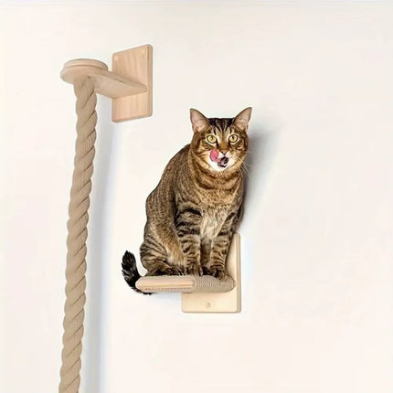 1 Piece Wall-Mounted Cat Climbing Rope Solid Wooden Pedals and Sisal Rope Kitten Training Claw Grinding Indoor Cat Furniture