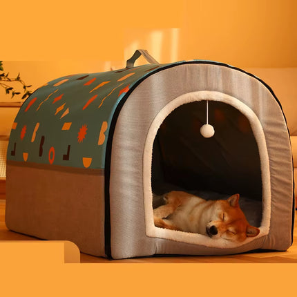 Dog Cave 2 in 1 Detachable Covered Cat Bed with Ball Pendant Cat Hideaway House, Warm Washable Cozy Dog Beds for Large Dogs