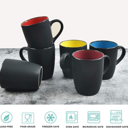 Set of 6 Modern Black Ceramic Coffee Mugs, 16 Ounce Capacity, Perfect for Home Use