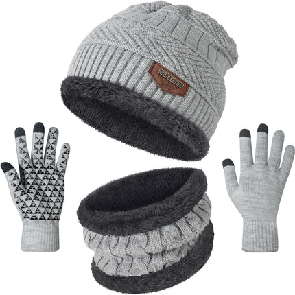Cozy Up This Winter with Our Thick Warm Slouchy Beanie Hat, Scarf, and Gloves Set in Light Grey - Perfect for Men and Women!